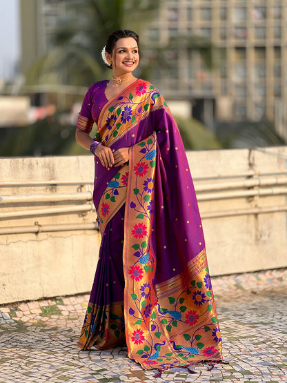 Purple Pure Paithani Silk Zari Woven Big Border Paithani Saree 