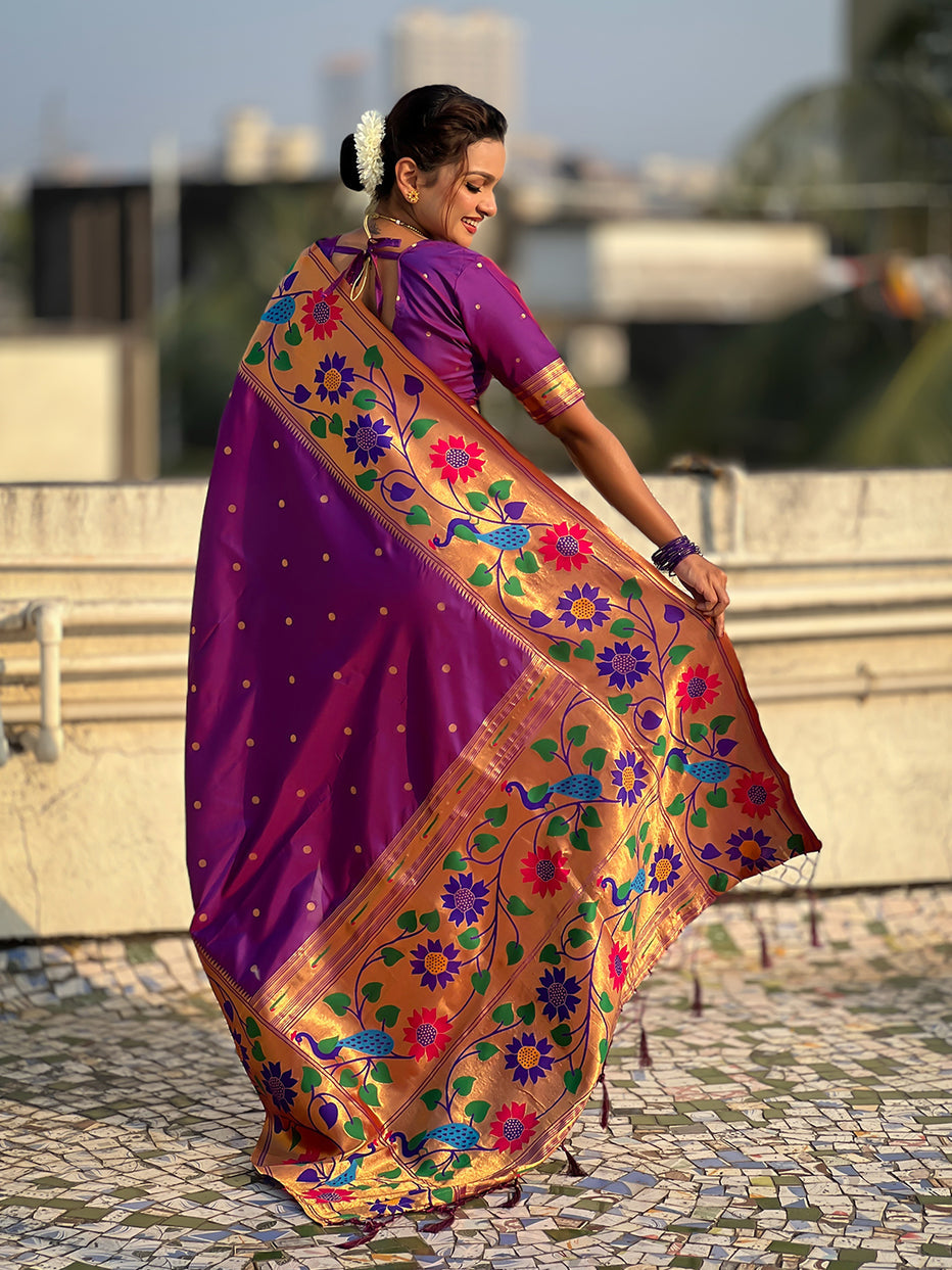 Purple Pure Paithani Silk Zari Woven Big Border Paithani Saree 