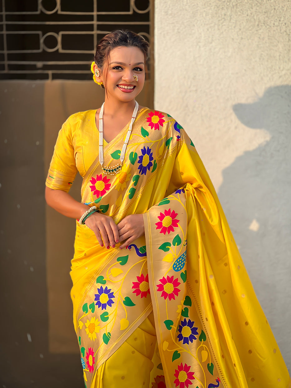 Yellow Pure Paithani Silk Zari Woven Big Border Paithani Saree 