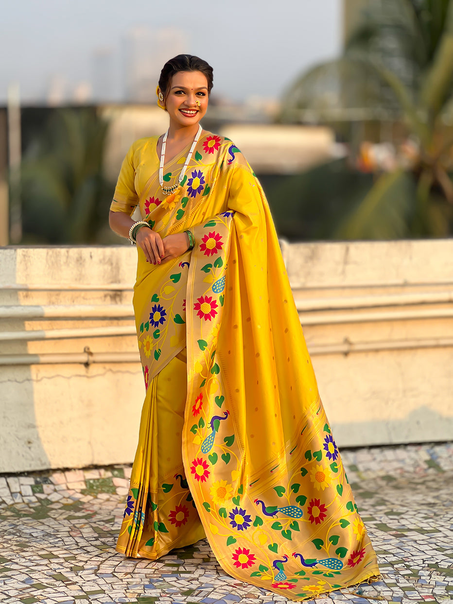 Yellow Pure Paithani Silk Zari Woven Big Border Paithani Saree 