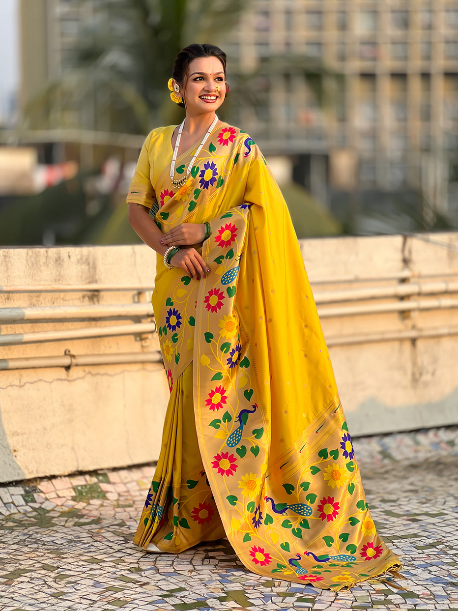 Yellow Pure Paithani Silk Zari Woven Big Border Paithani Saree 