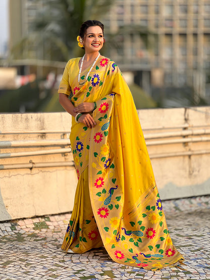 Yellow Pure Paithani Silk Zari Woven Big Border Paithani Saree 