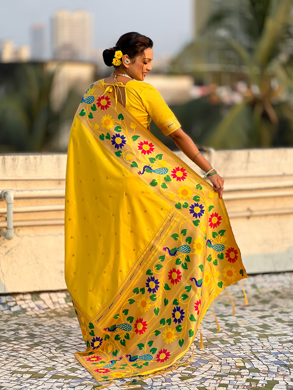 Yellow Pure Paithani Silk Zari Woven Big Border Paithani Saree 