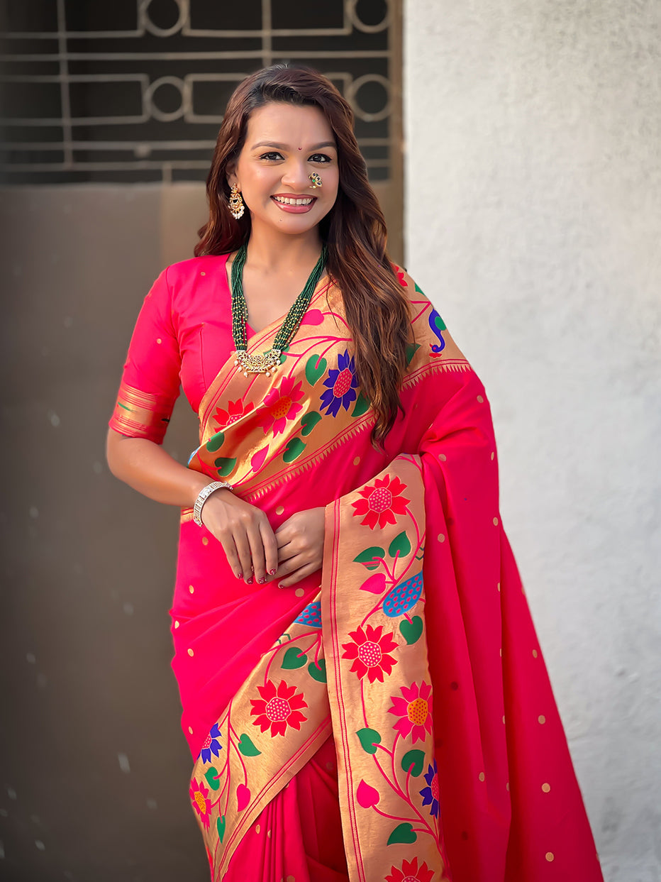 Pink Pure Paithani Silk Zari Woven Big Border Paithani Saree 