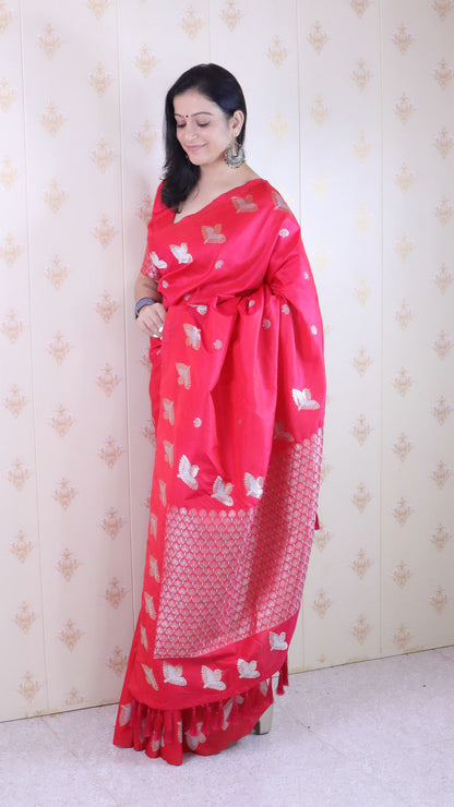 Pink Soft Silk Dual Zari Woven Moonga Silk Saree Moonga Silk sarees Anant Tex Exports Pvt.Ltd..