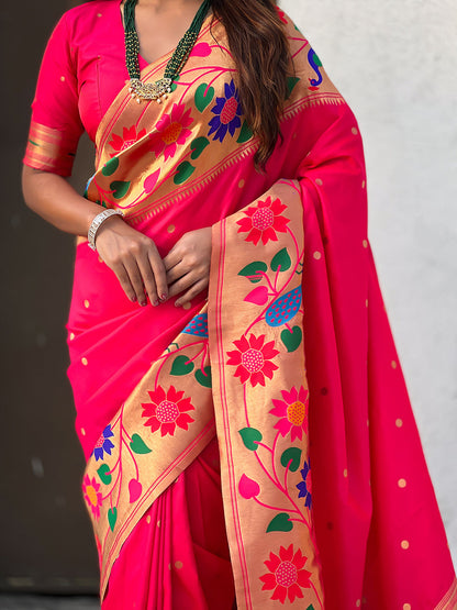 Pink Pure Paithani Silk Zari Woven Big Border Paithani Saree 