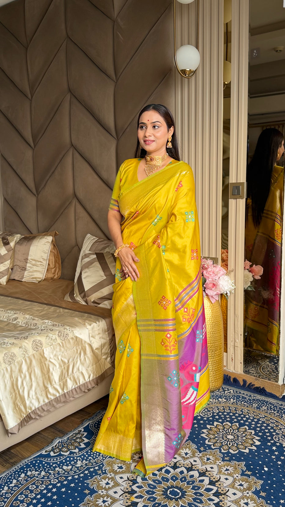Yellow Pink Soft Silk Ikkat Zari Patola Soft Silk Saree
