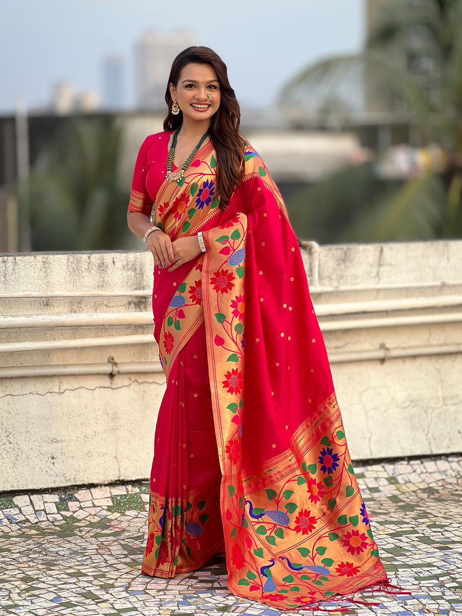 Pink Pure Paithani Silk Zari Woven Big Border Paithani Saree 