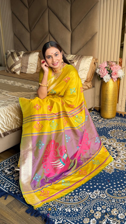 Yellow Pink Soft Silk Ikkat Zari Patola Soft Silk Saree