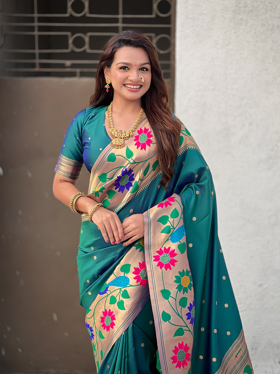 Green Pure Paithani Silk Zari Woven Big Border Paithani Saree