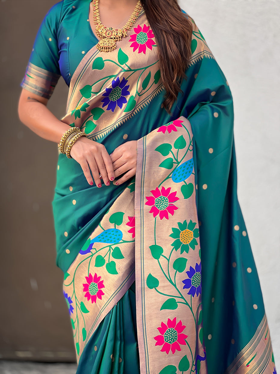 Green Pure Paithani Silk Zari Woven Big Border Paithani Saree 