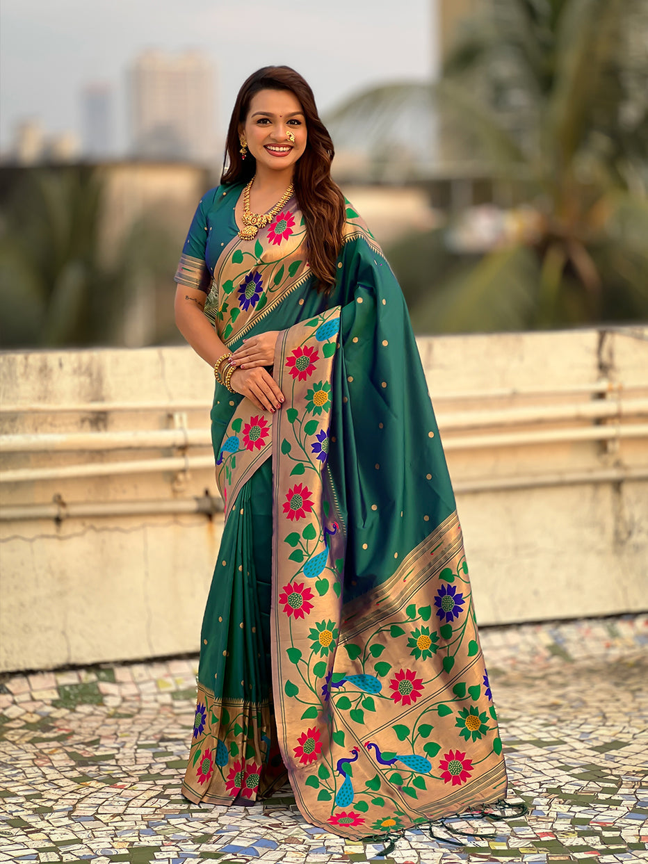 Green Pure Paithani Silk Zari Woven Big Border Paithani Saree