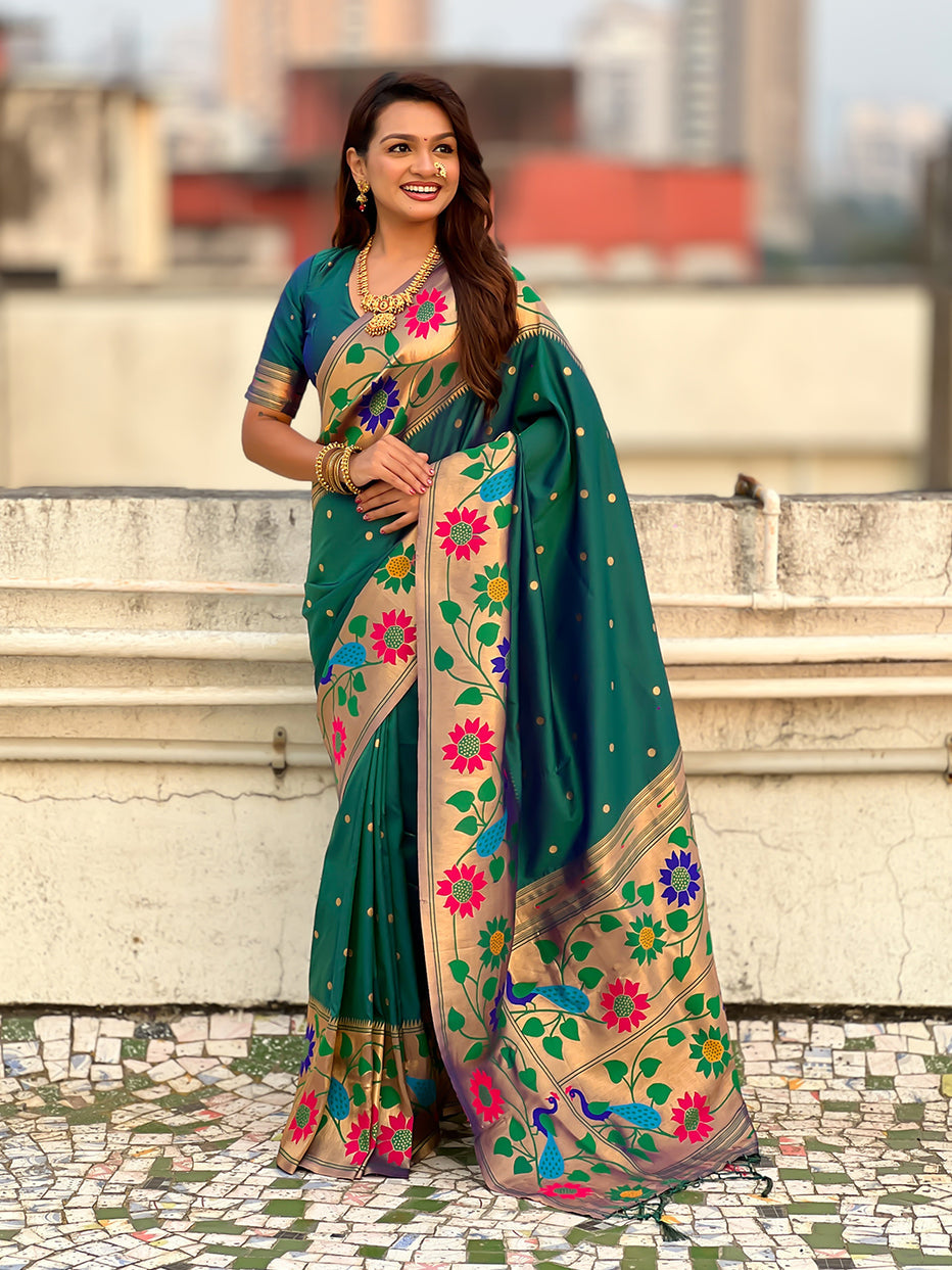 Green Pure Paithani Silk Zari Woven Big Border Paithani Saree 