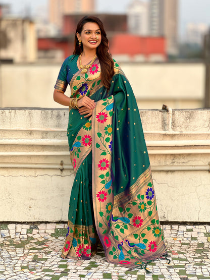 Green Pure Paithani Silk Zari Woven Big Border Paithani Saree 