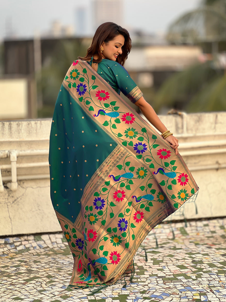Green Pure Paithani Silk Zari Woven Big Border Paithani Saree 