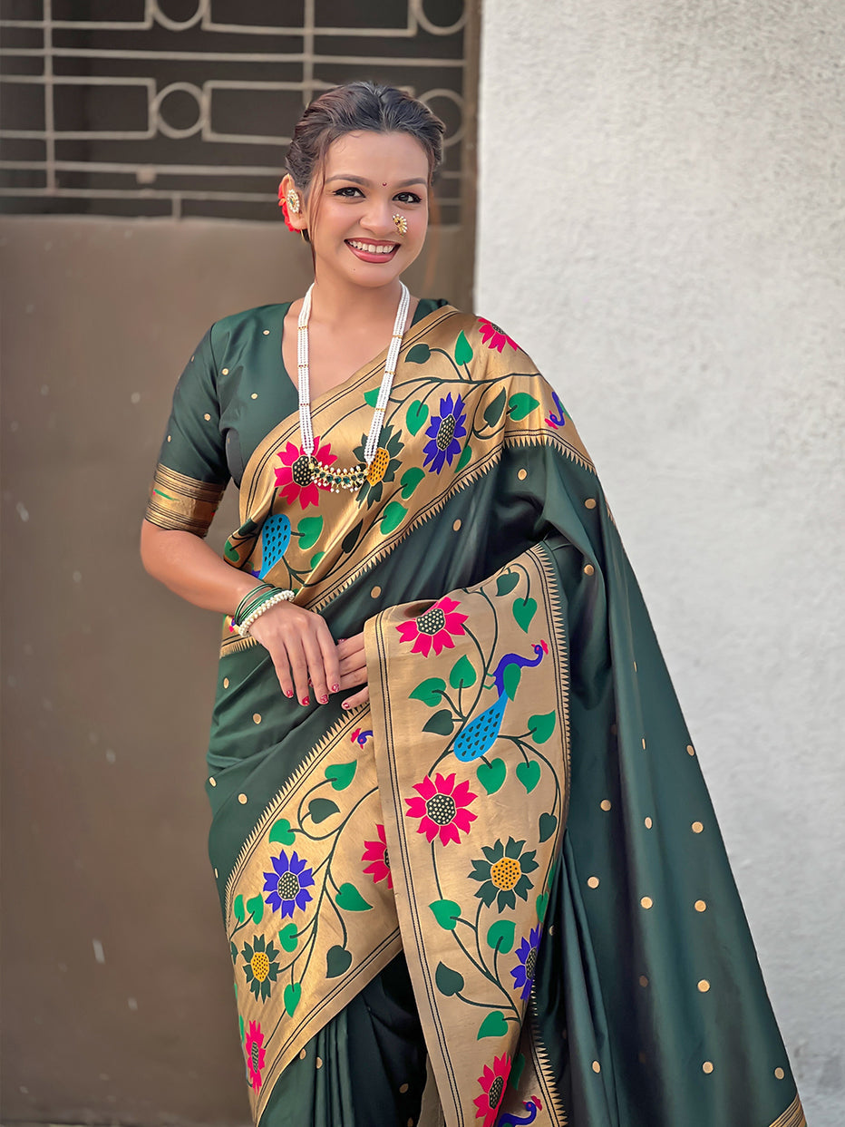 Bottle Green Pure Paithani Silk Zari Woven Big Border Paithani Saree 