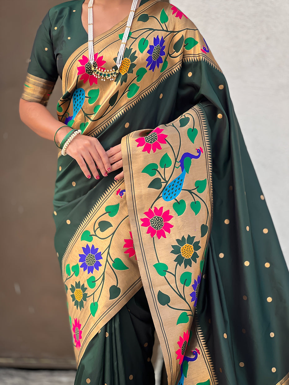 Bottle Green Pure Paithani Silk Zari Woven Big Border Paithani Saree 