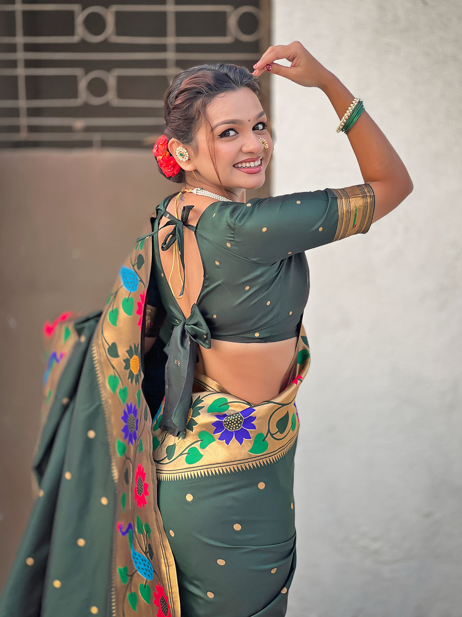Bottle Green Pure Paithani Silk Zari Woven Big Border Paithani Saree 