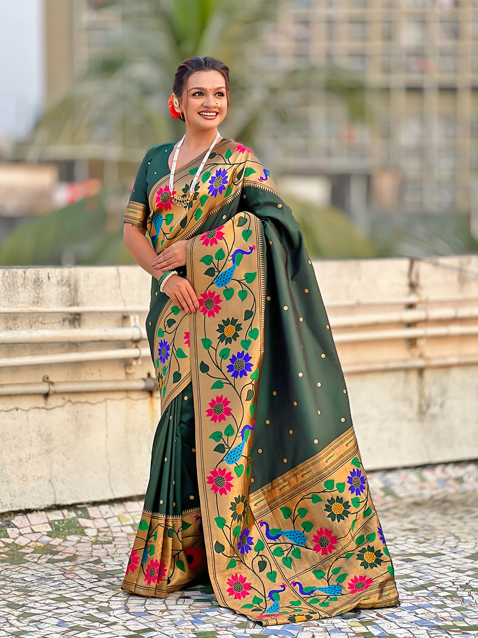 Bottle Green Pure Paithani Silk Zari Woven Big Border Paithani Saree