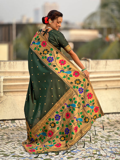 Bottle Green Pure Paithani Silk Zari Woven Big Border Paithani Saree 