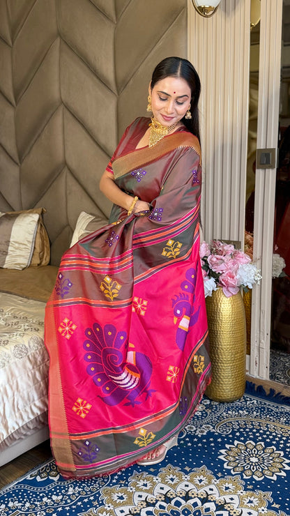 Coffee Pink Soft Silk Ikkat Zari Patola Soft Silk Saree
