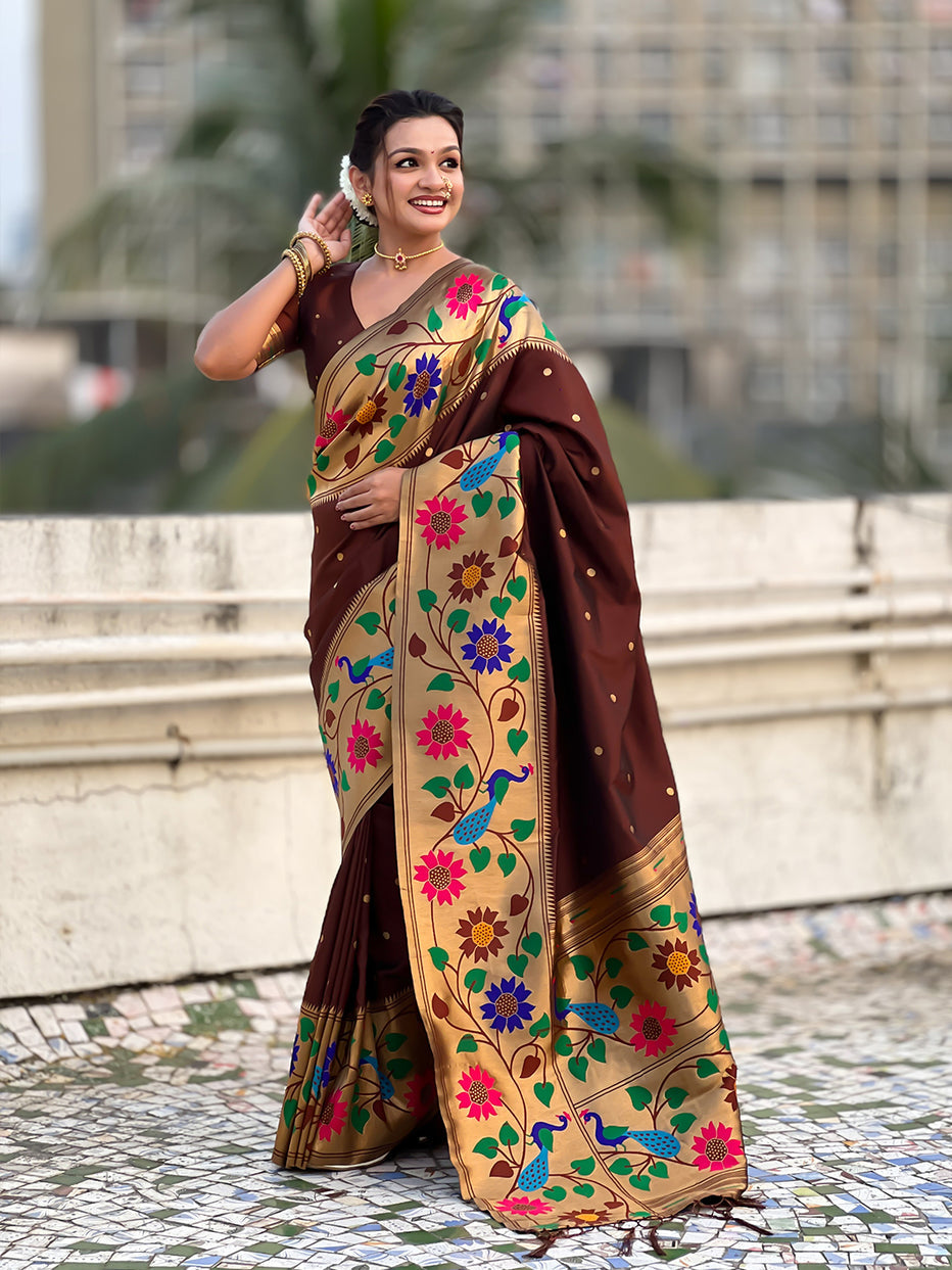 Coffee Pure Paithani Silk Zari Woven Big Border Paithani Saree 