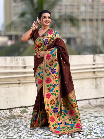Coffee Pure Paithani Silk Zari Woven Big Border Paithani Saree 