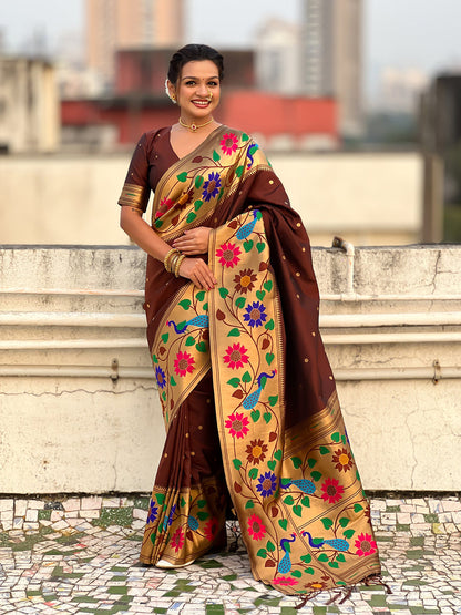 Coffee Pure Paithani Silk Zari Woven Big Border Paithani Saree 