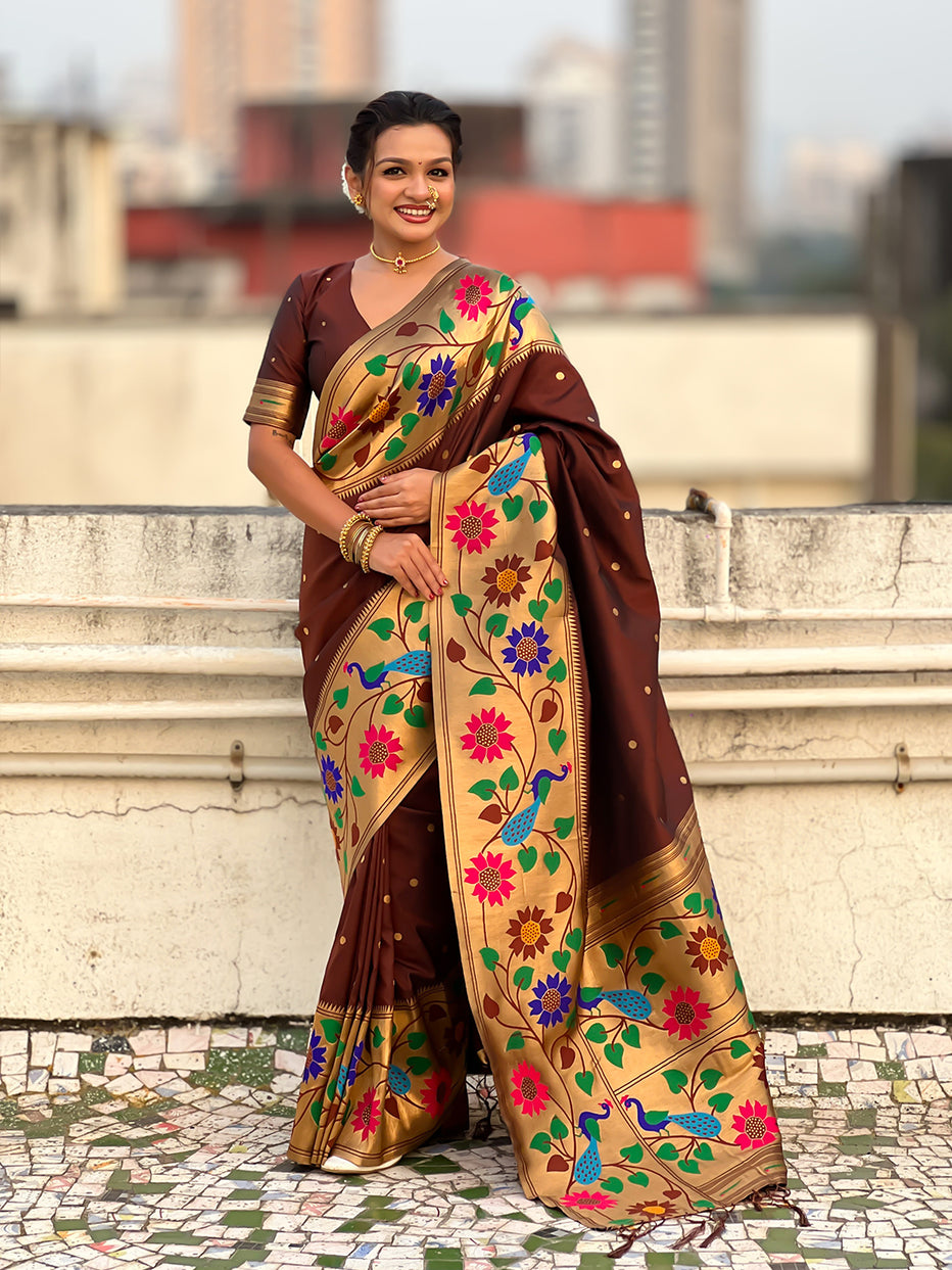 Coffee Pure Paithani Silk Zari Woven Big Border Paithani Saree