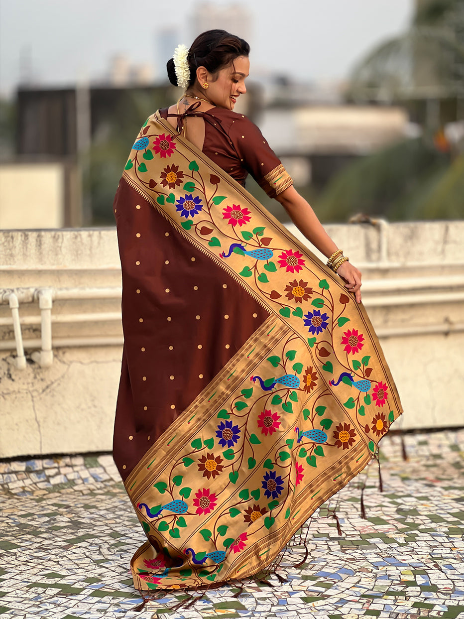 Coffee Pure Paithani Silk Zari Woven Big Border Paithani Saree 