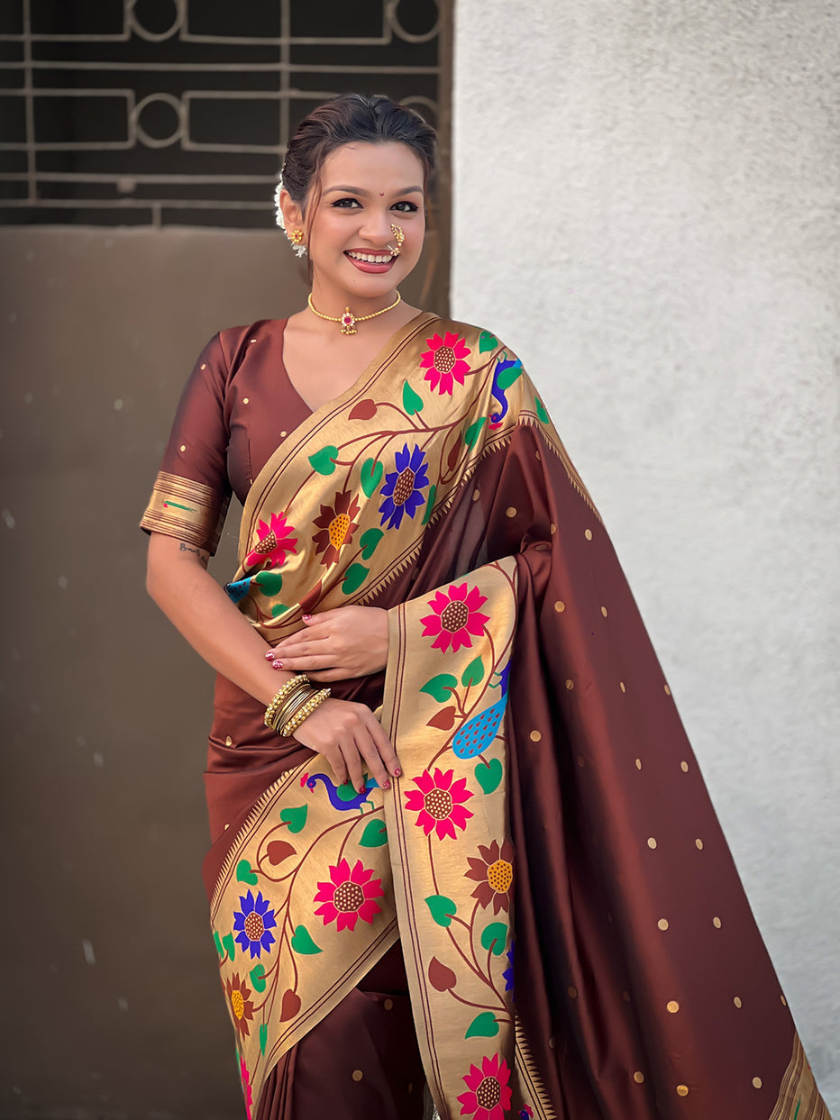 Coffee Pure Paithani Silk Zari Woven Big Border Paithani Saree