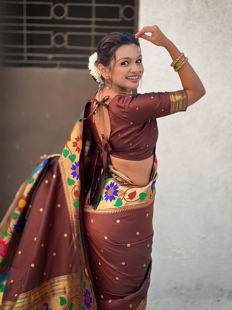 Coffee Pure Paithani Silk Zari Woven Big Border Paithani Saree 