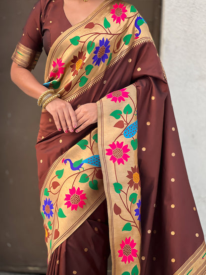 Coffee Pure Paithani Silk Zari Woven Big Border Paithani Saree 