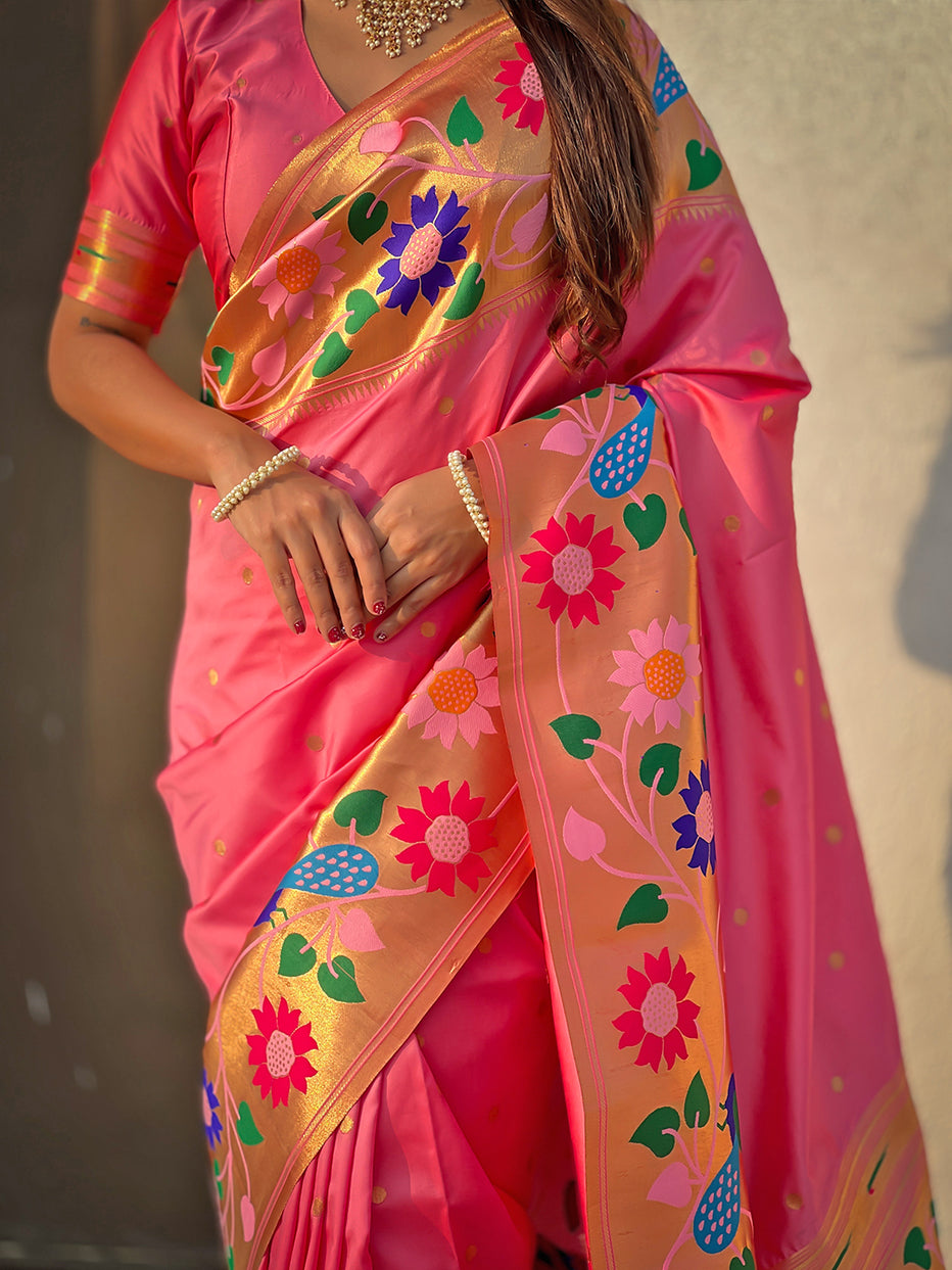 Baby Pink Pure Paithani Silk Zari Woven Big Border Paithani Saree ##color## Paithani Saree with premium fabric and embroidery