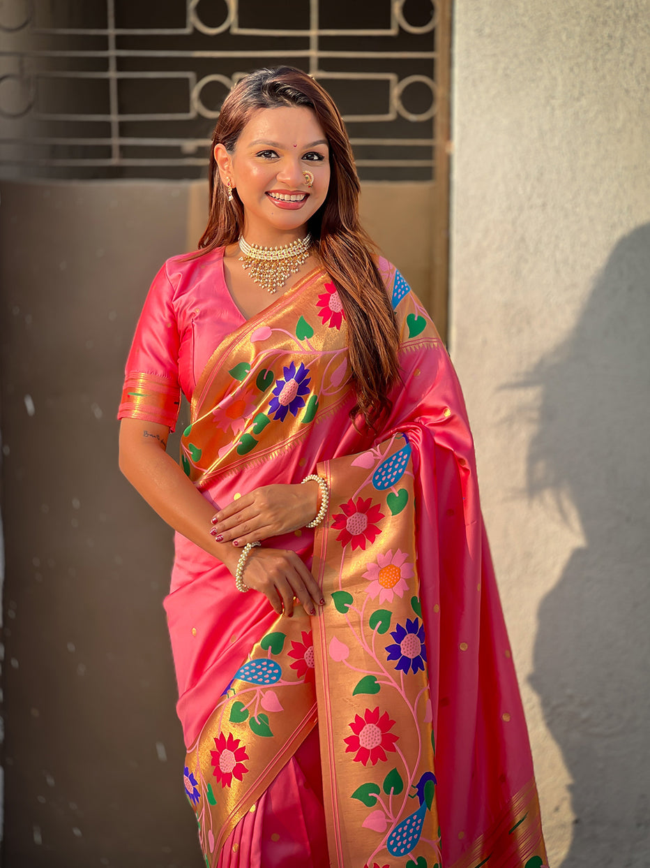Baby Pink Pure Paithani Silk Zari Woven Big Border Paithani Saree 