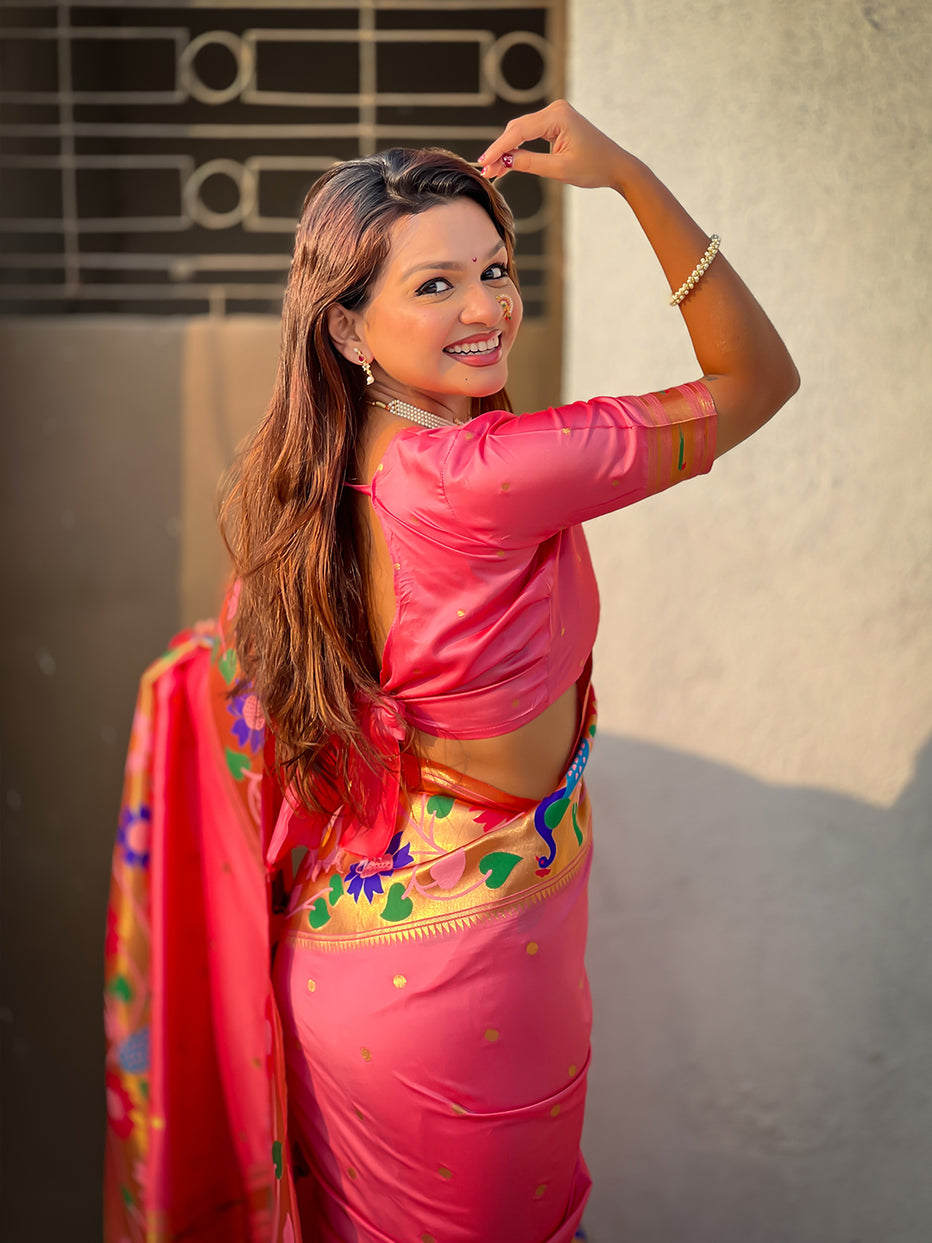 Baby Pink Pure Paithani Silk Zari Woven Big Border Paithani Saree ##color## Paithani Saree with premium fabric and embroidery