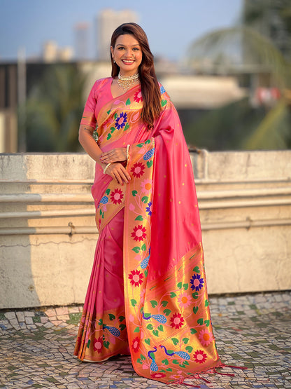 Baby Pink Pure Paithani Silk Zari Woven Big Border Paithani Saree 
