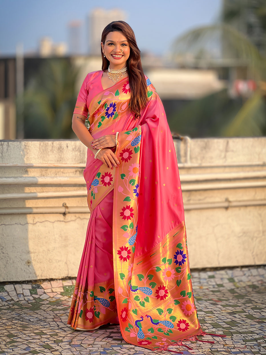 Baby Pink Pure Paithani Silk Zari Woven Big Border Paithani Saree ##color## Paithani Saree with premium fabric and embroidery