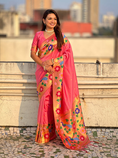 Baby Pink Pure Paithani Silk Zari Woven Big Border Paithani Saree 