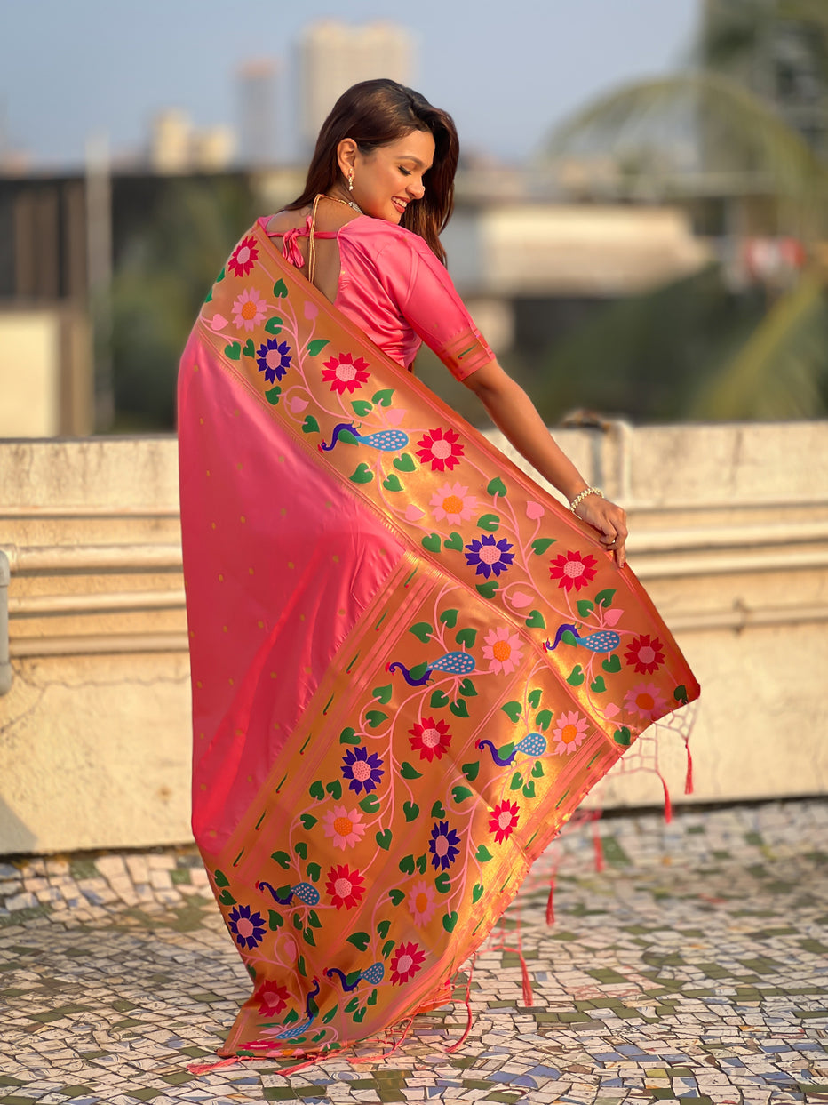 Baby Pink Pure Paithani Silk Zari Woven Big Border Paithani Saree ##color## Paithani Saree with premium fabric and embroidery