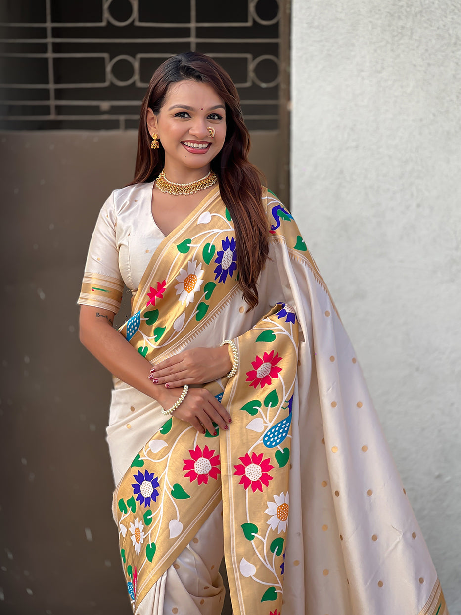 Cream Pure Paithani Silk Zari Woven Big Border Paithani Saree 