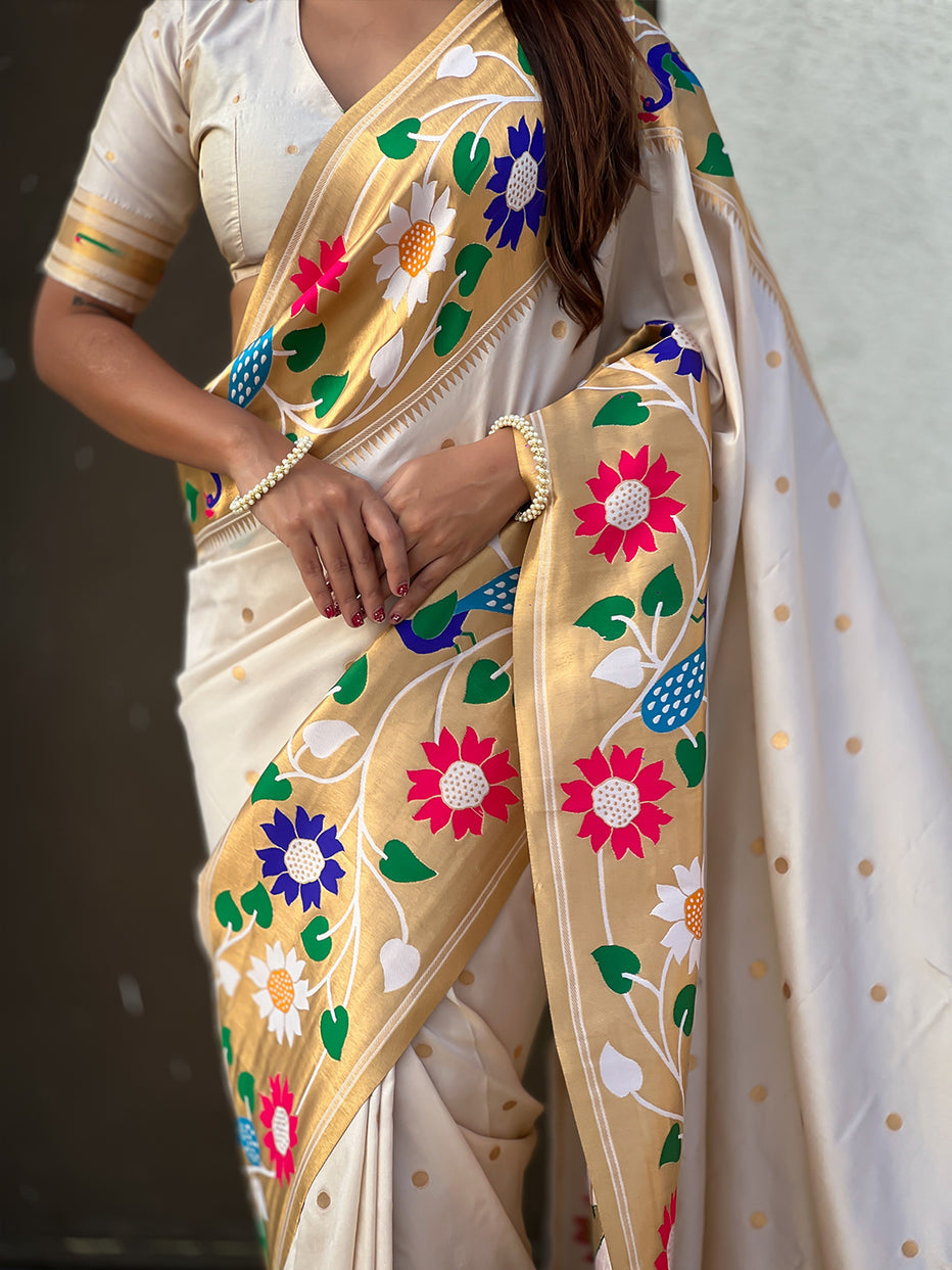 Cream Pure Paithani Silk Zari Woven Big Border Paithani Saree 