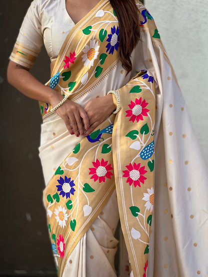 Cream Pure Paithani Silk Zari Woven Big Border Paithani Saree 