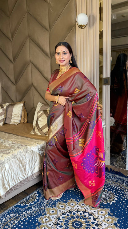 Coffee Pink Soft Silk Ikkat Zari Patola Soft Silk Saree
