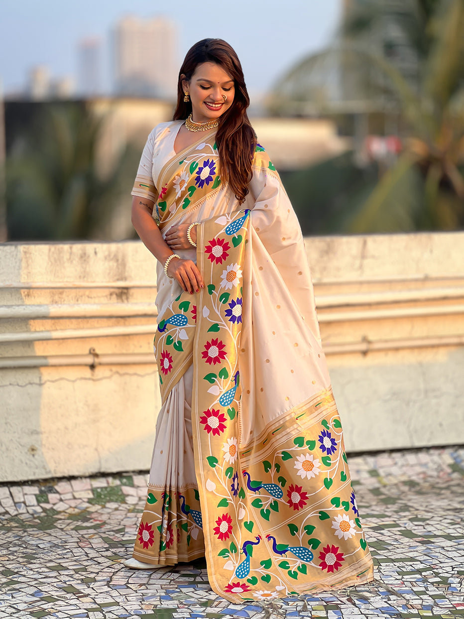Cream Pure Paithani Silk Zari Woven Big Border Paithani Saree 