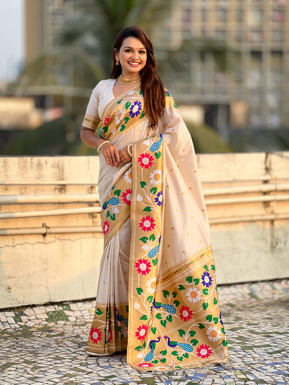 Cream Pure Paithani Silk Zari Woven Big Border Paithani Saree 