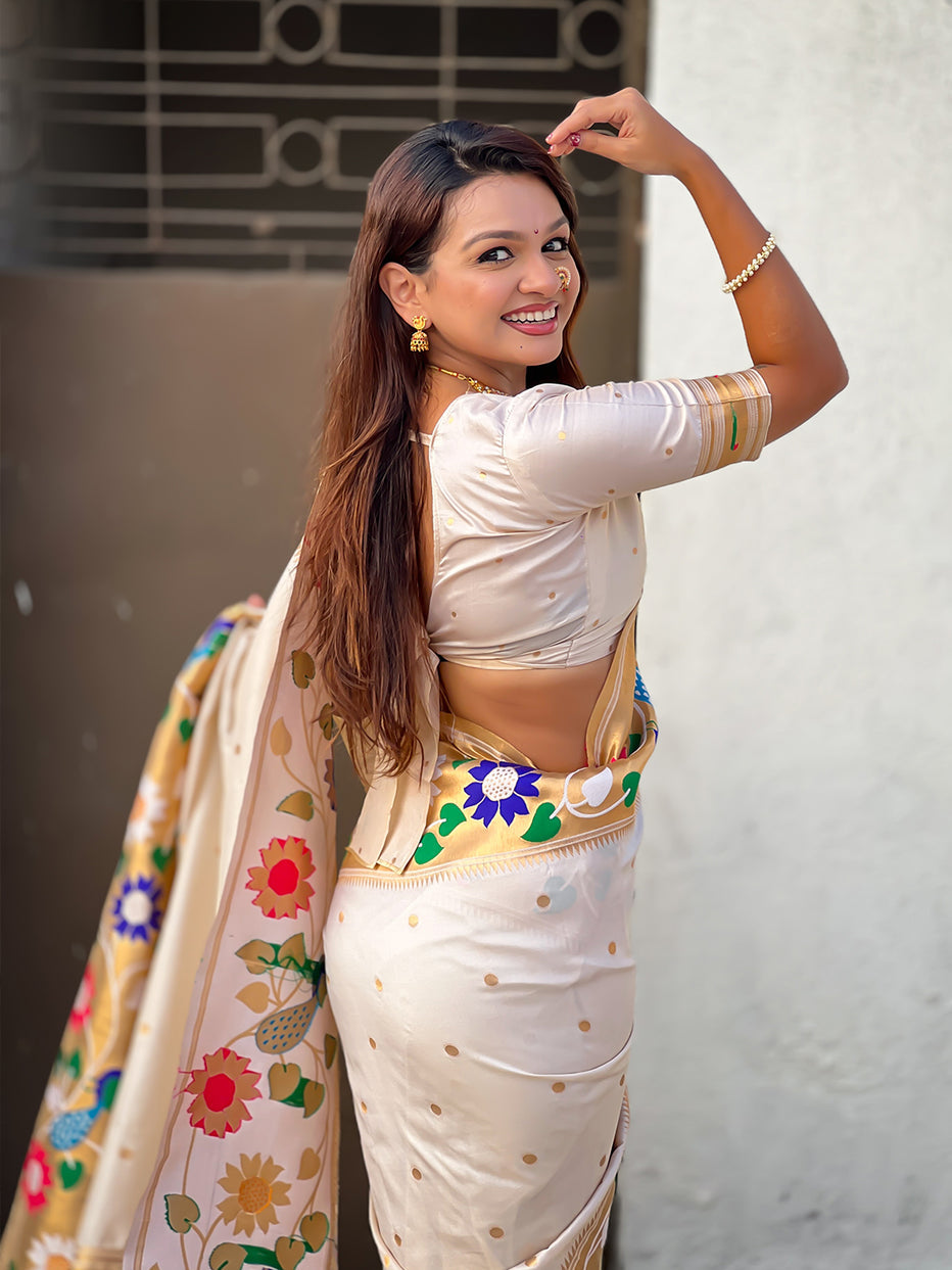 Cream Pure Paithani Silk Zari Woven Big Border Paithani Saree 