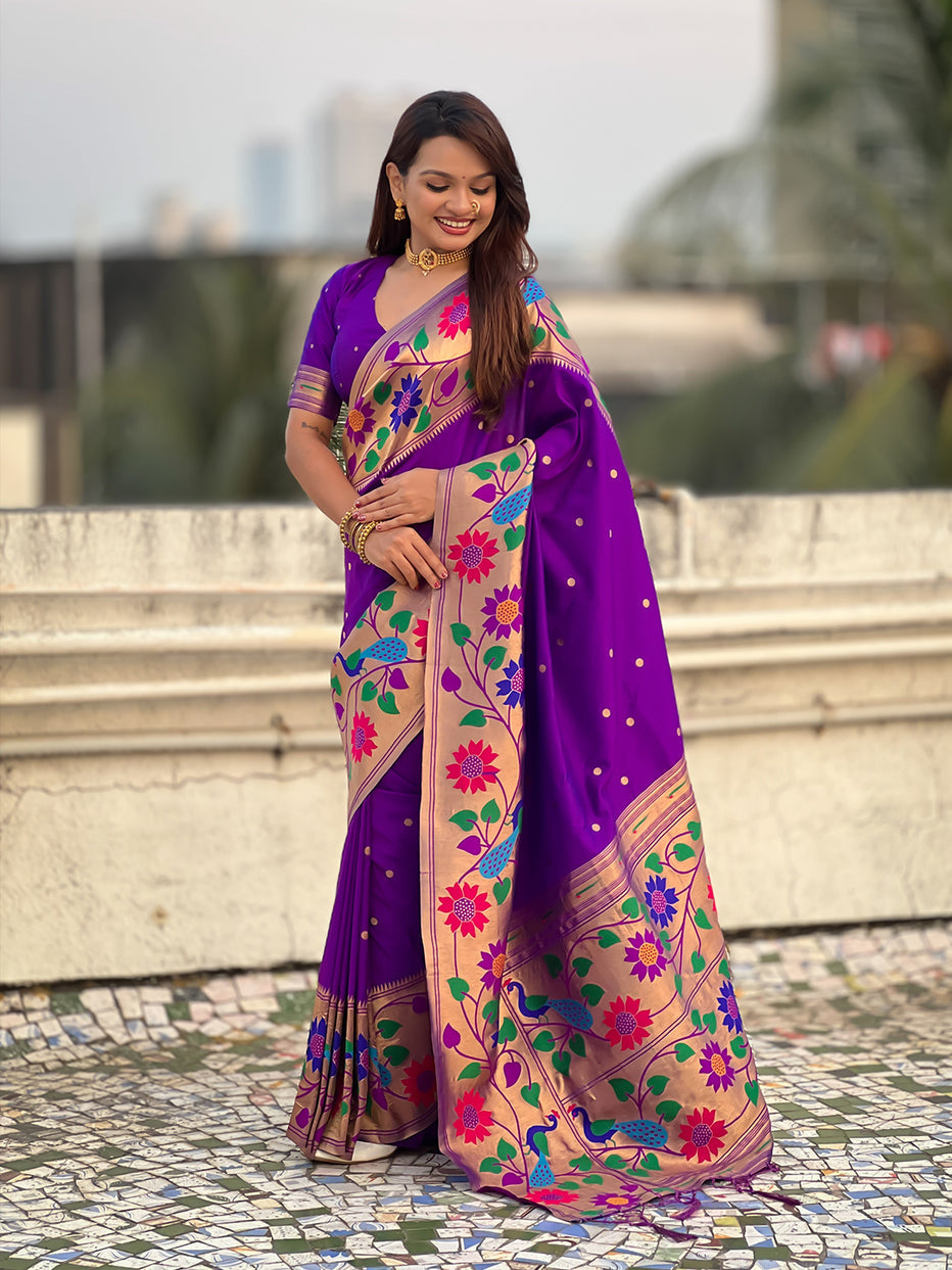 Purple Pure Paithani Silk Zari Woven Big Border Paithani Saree 