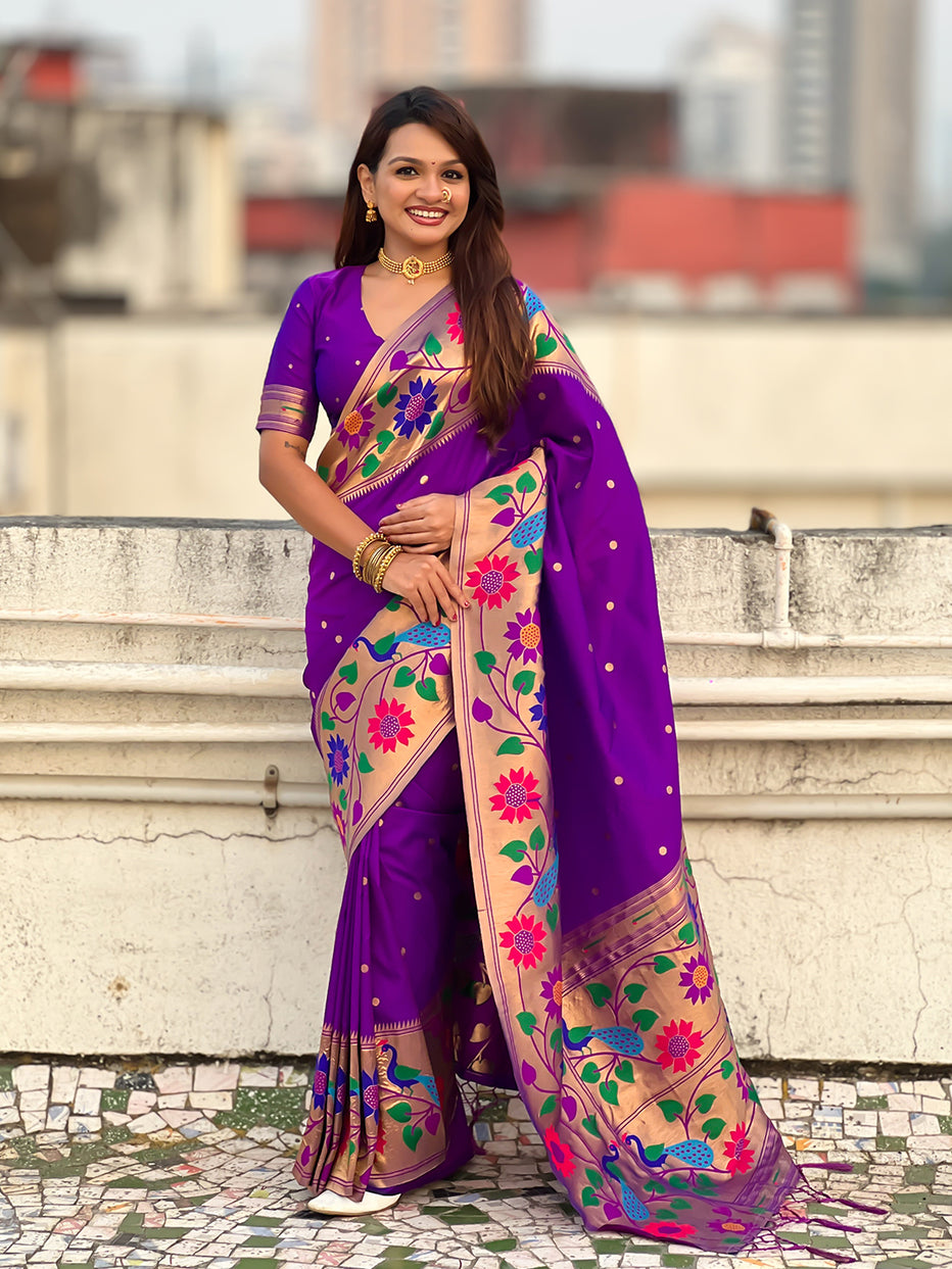 Purple Pure Paithani Silk Zari Woven Big Border Paithani Saree 