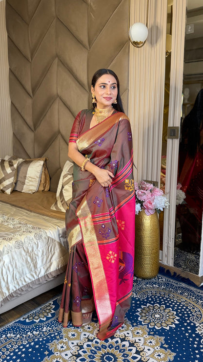 Coffee Pink Soft Silk Ikkat Zari Patola Soft Silk Saree